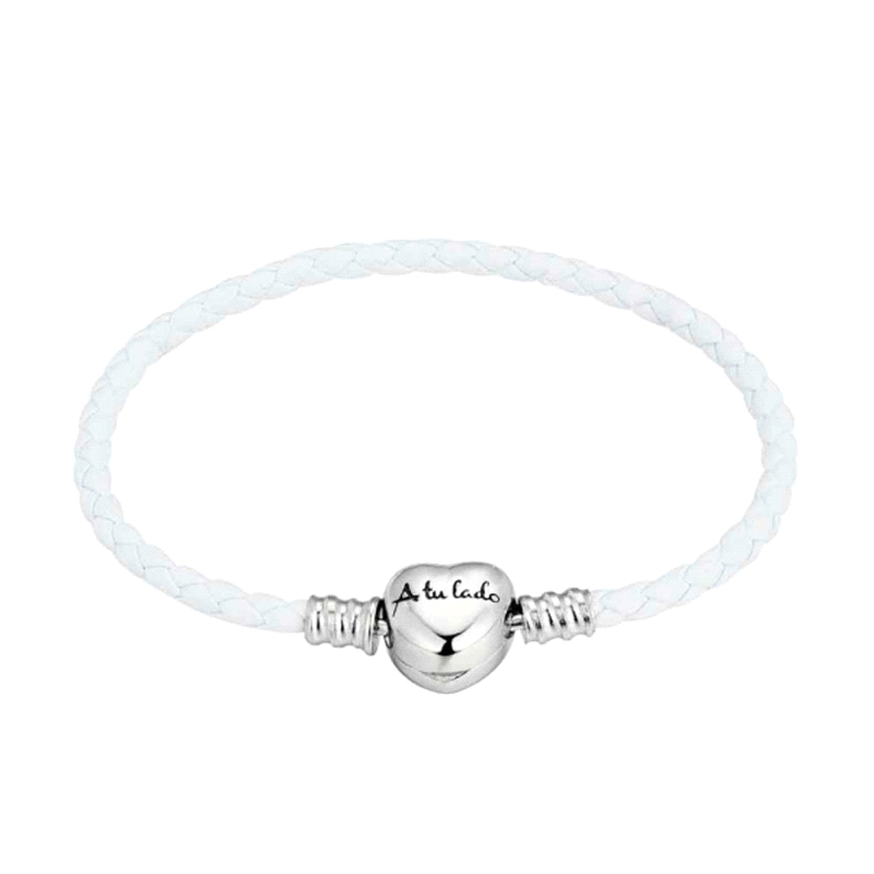 PULSERA A TU LADO PLATA Y CUERO BLANCO CORAZON 17CM