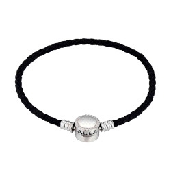 PULSERA A TU LADO PLATA Y CUERO NEGRO 19CM