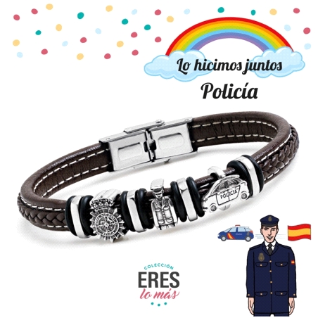 Pulsera Plata y Cuero Policia