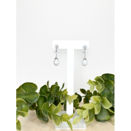 PENDIENTES ORO BLANCO CON PERLA Y CIRCONITAS