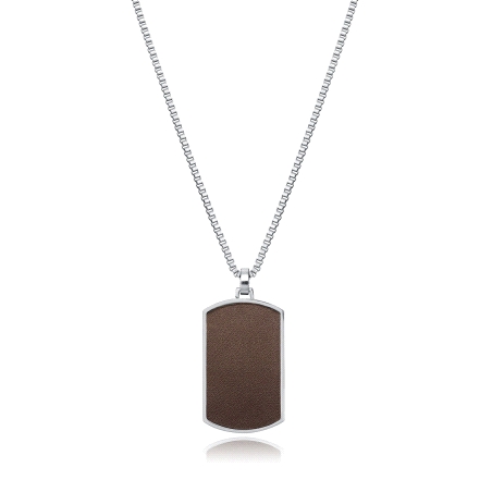 COLLAR ACERO PLACA MILITAR PIEL MARRON CABALLERO