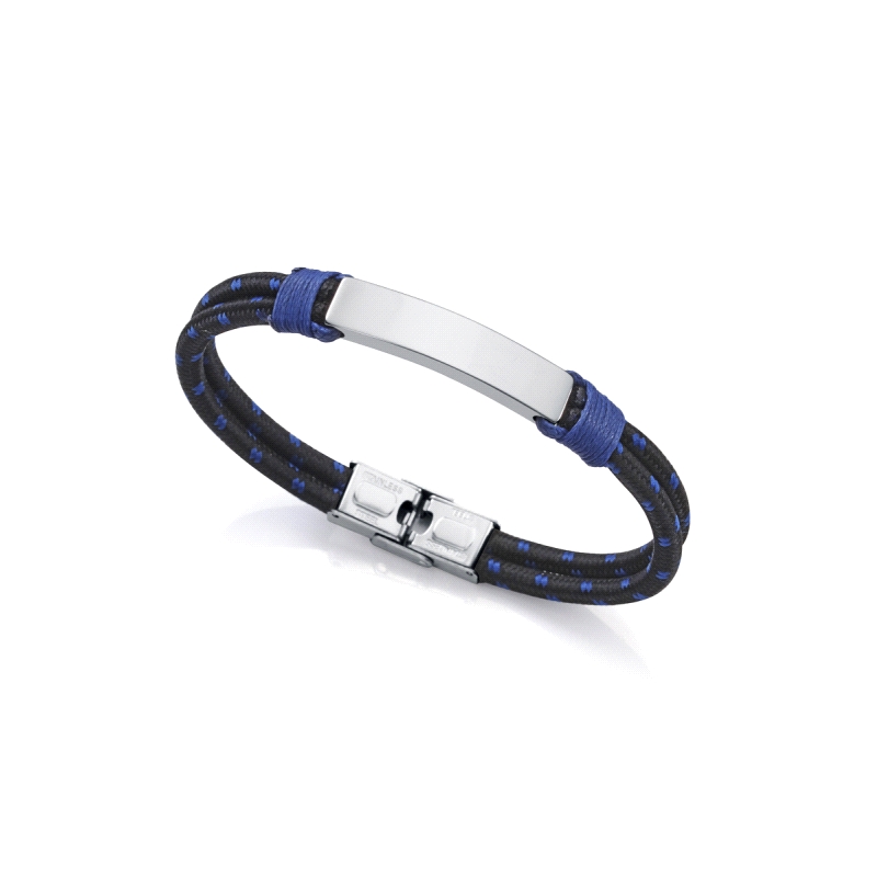 PULSERA DE ACERO Y CORDON AZUL Y NEGRO