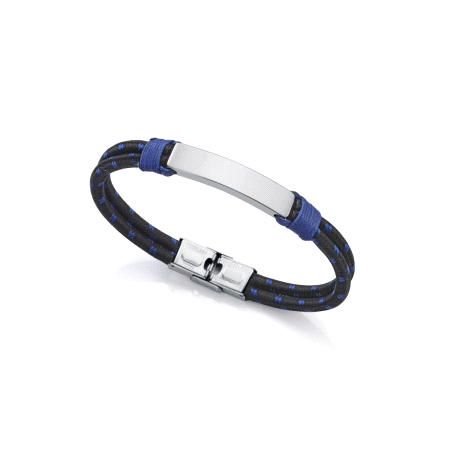 PULSERA DE ACERO Y CORDON AZUL Y NEGRO
