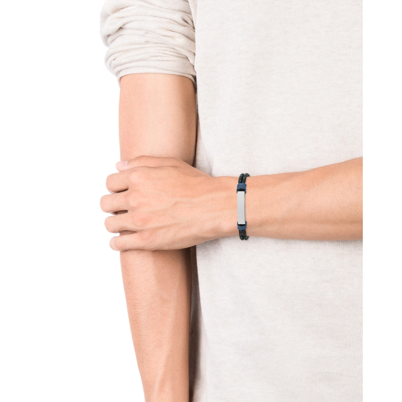 PULSERA DE ACERO Y CORDON AZUL Y NEGRO