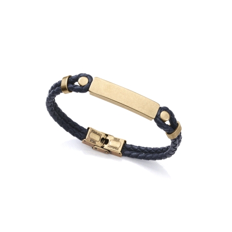 PULSERA ACERO IP BRONCE PIEL AZUL PLACA
