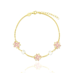 PULSERA PLATA DE LEY DORADO CON PERLAS Y FLOR ESMALTE