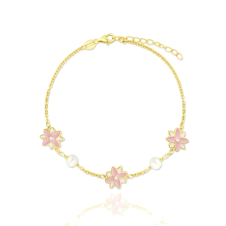 PULSERA PLATA DE LEY DORADO CON PERLAS Y FLOR ESMALTE