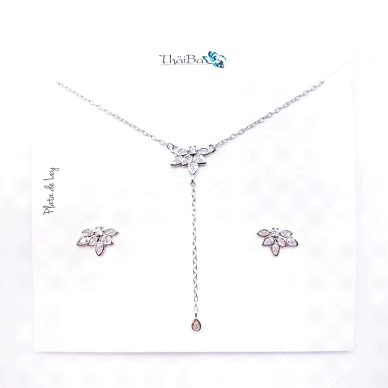 JUEGO PLATA PENDIENTES Y GARGANTILLA THAIBA PETALOS                   