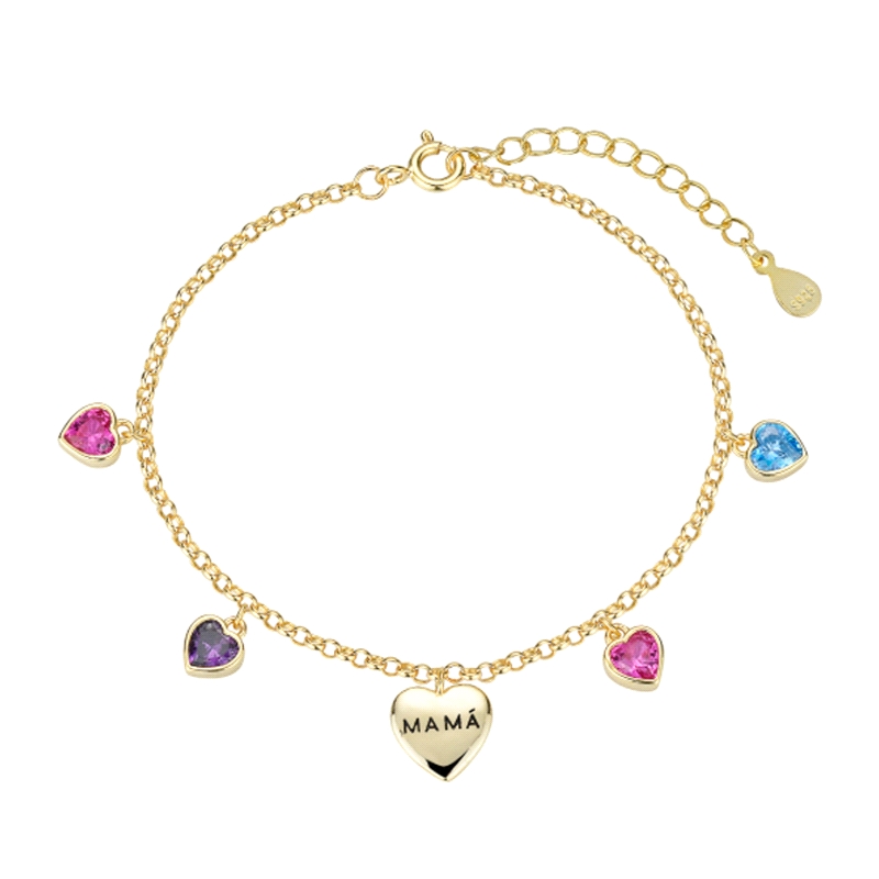 PULSERA PLATA CHAPADA MAMA CORAZON CIRCONITAS COLOR                   
