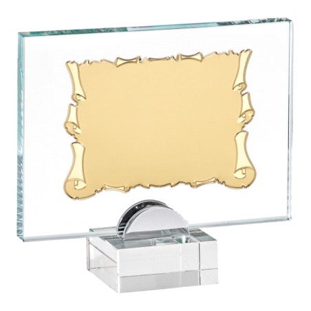 PLACA CONMEMORATIVA CRISTAL CON SOPORTE PERGAMINO DORADO