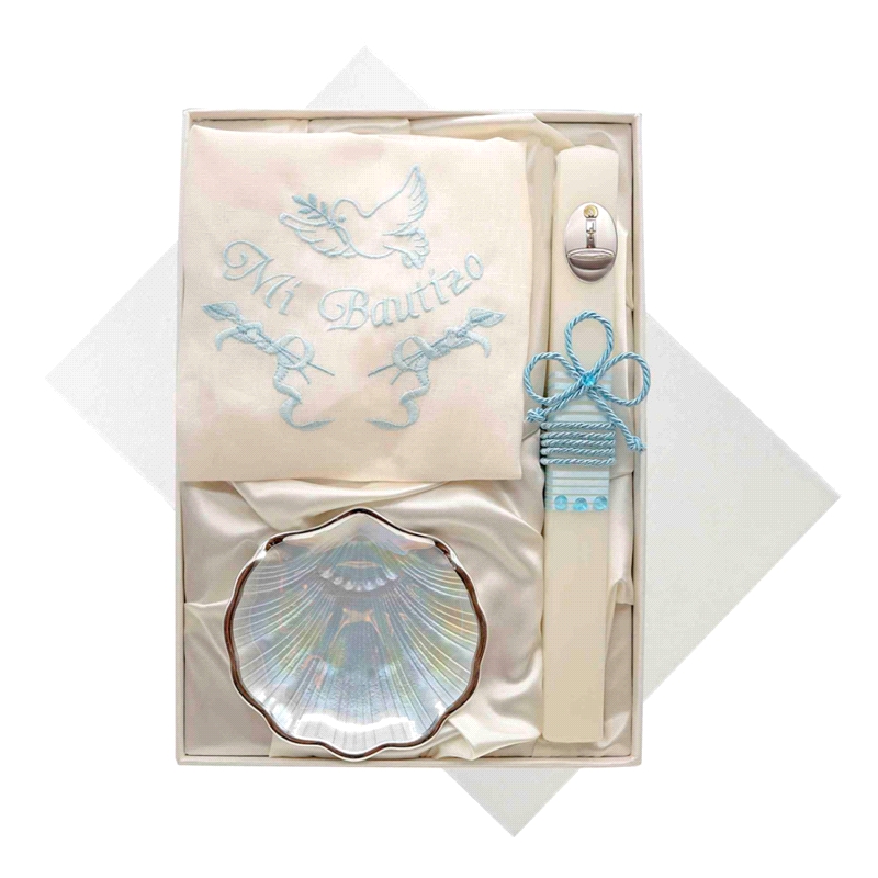 SET CONCHA BAUTISMAL VELA Y PAÑUELO CELESTE