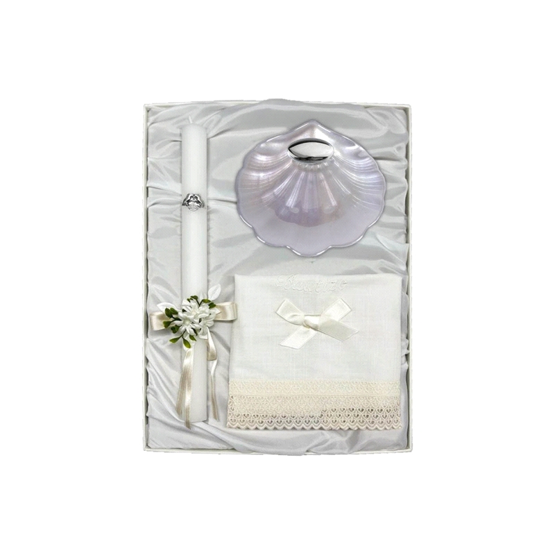 ESTUCHE VELA, PAÑUELO Y CONCHA BAUTISMAL