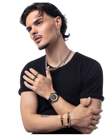 PULSERA ACERO CADENA CON PLACA DORADA, COLECCION ABRAHAM MATEO                                      