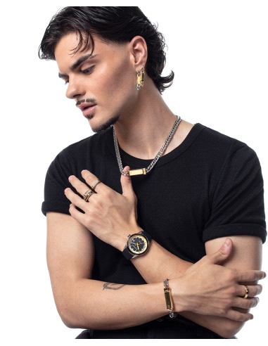 PULSERA ACERO CADENA CON PLACA DORADA, COLECCION ABRAHAM MATEO                                      