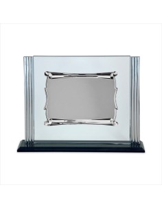 PLACA HOMENAJE CRISTAL Y ALUMINIO CON ADORNO LATERAL PLATEADO